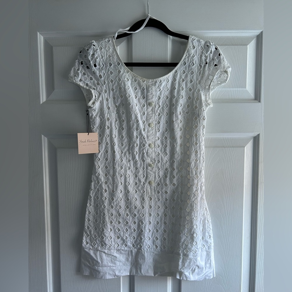 Short sleeve white eyelet shift dress